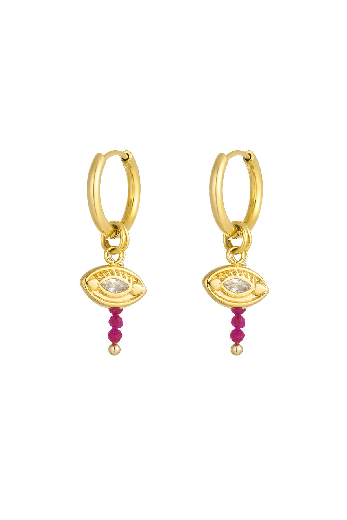 Oorbellen oog met kraaltjes - goud/fuchsia